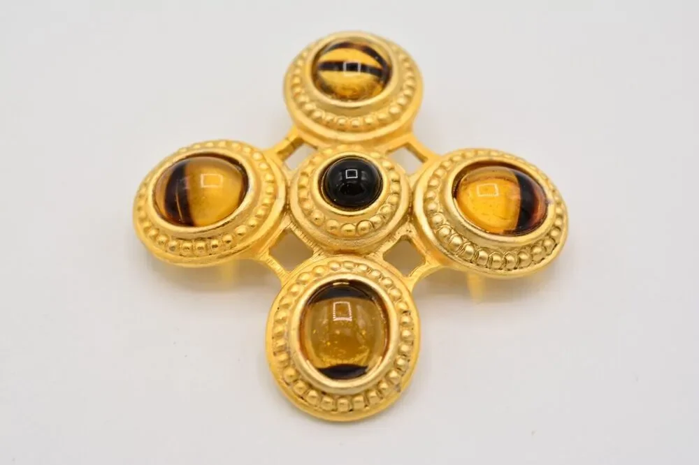 Danecraft Vintage Maltese Cross Brooch Multicolor Cabochon Brushed Gold Signed